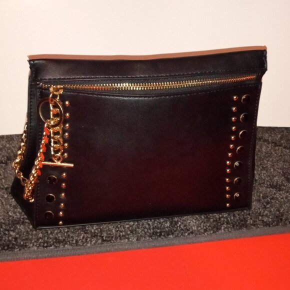 BLACK STUDDED CLUTCH SMALL PURSE WITH GOLD PLATED CHAIN HARDWARE - Picture 3 of 8